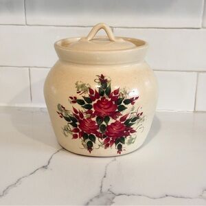 Red Floral Ceramic Jar Vase with Lid 6” Tall